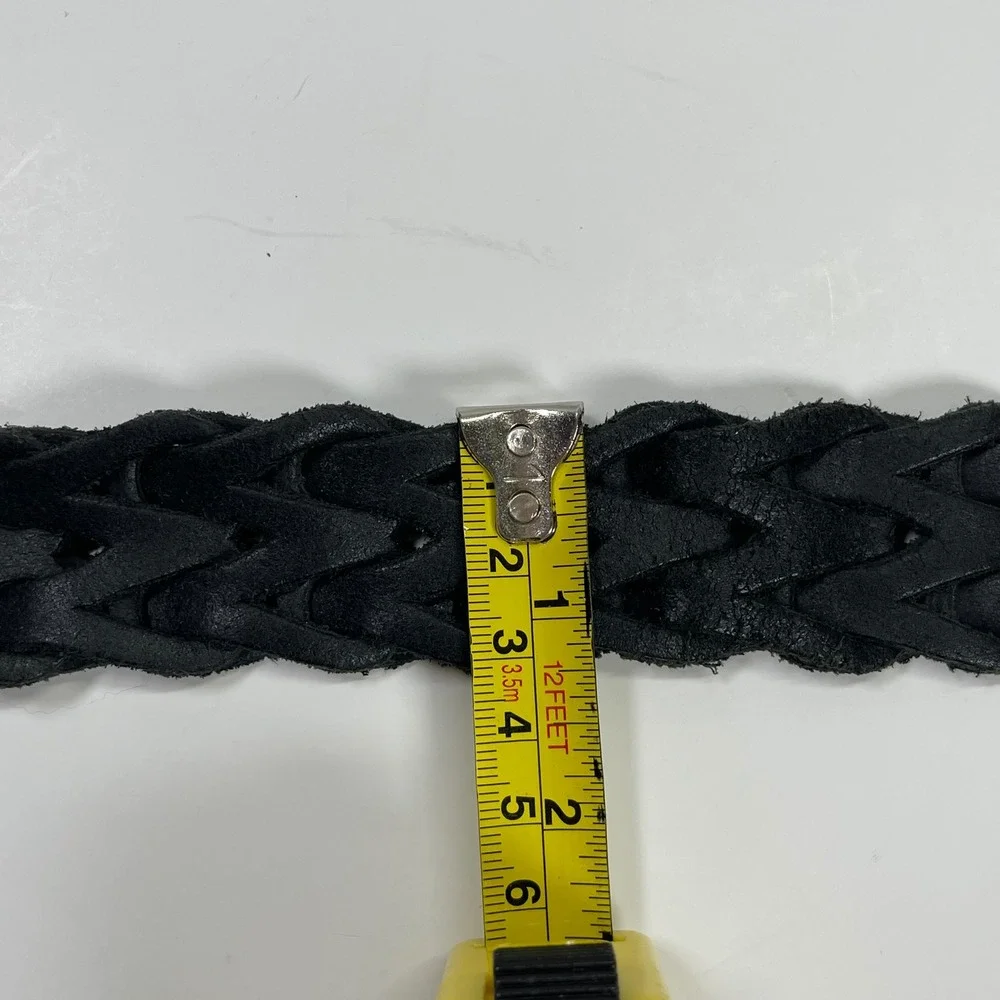 Vintage Genuine Leather Braided Woven Belt Womens 34 Black Silver Buckle Boho